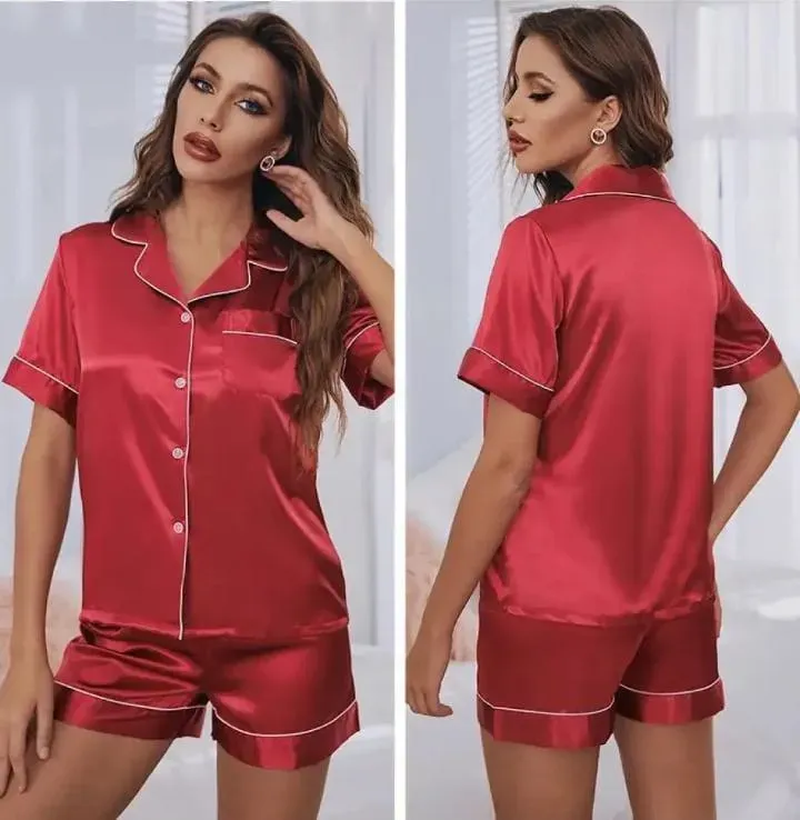 Maroon Silk V-Neck Pajama Set with Shorts
