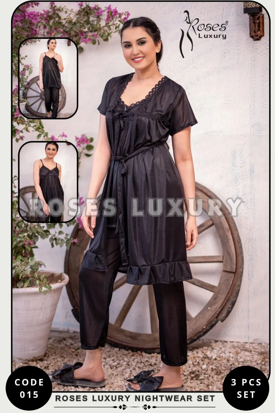 Black Silk Lace Nightwear Set 3 Pcs V-Neck