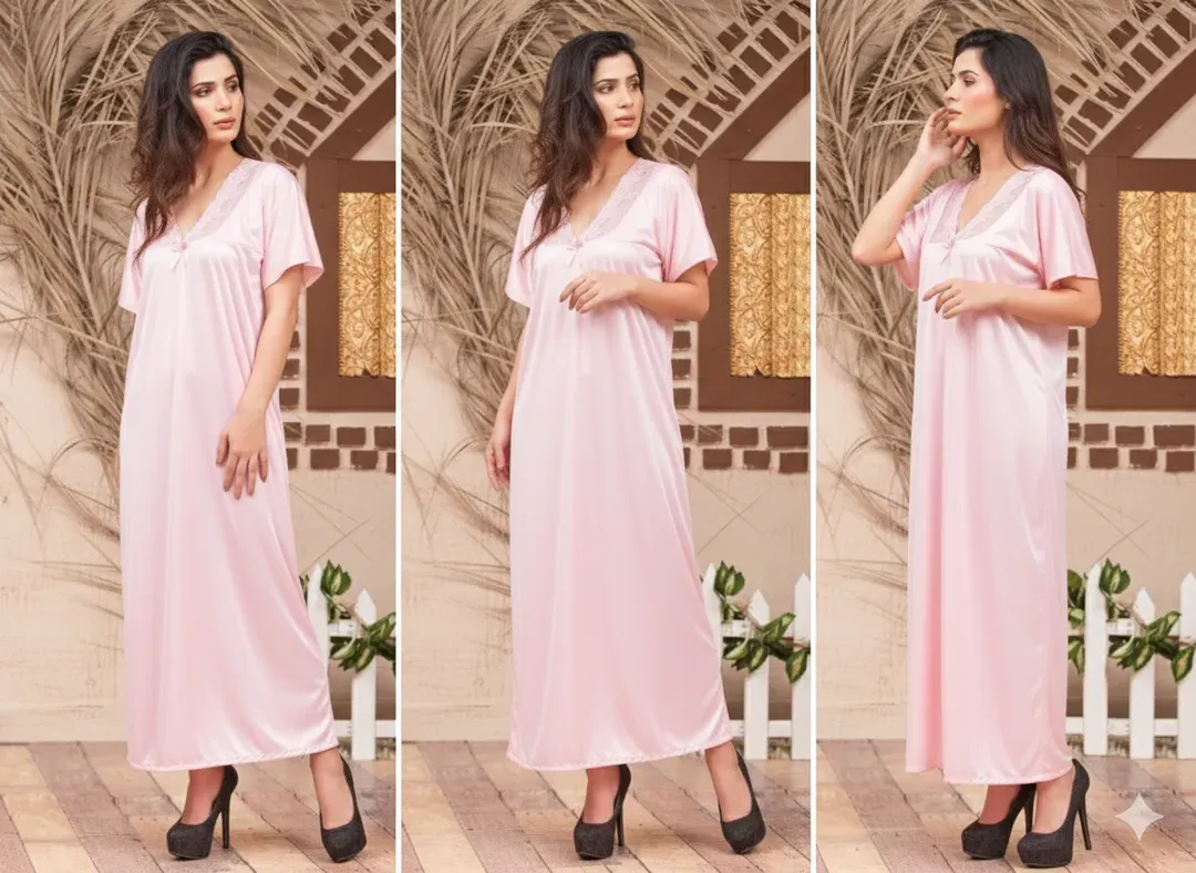 Pink Long Sleeve Silk Nightwear Set with Lace-Work for Women