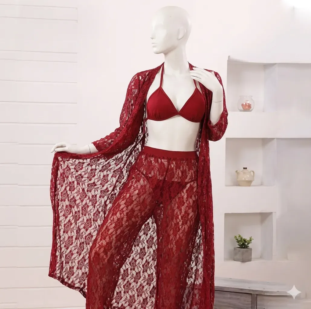 Maroon Lace Nightgown Set with Bra and Panties - 4 Pieces