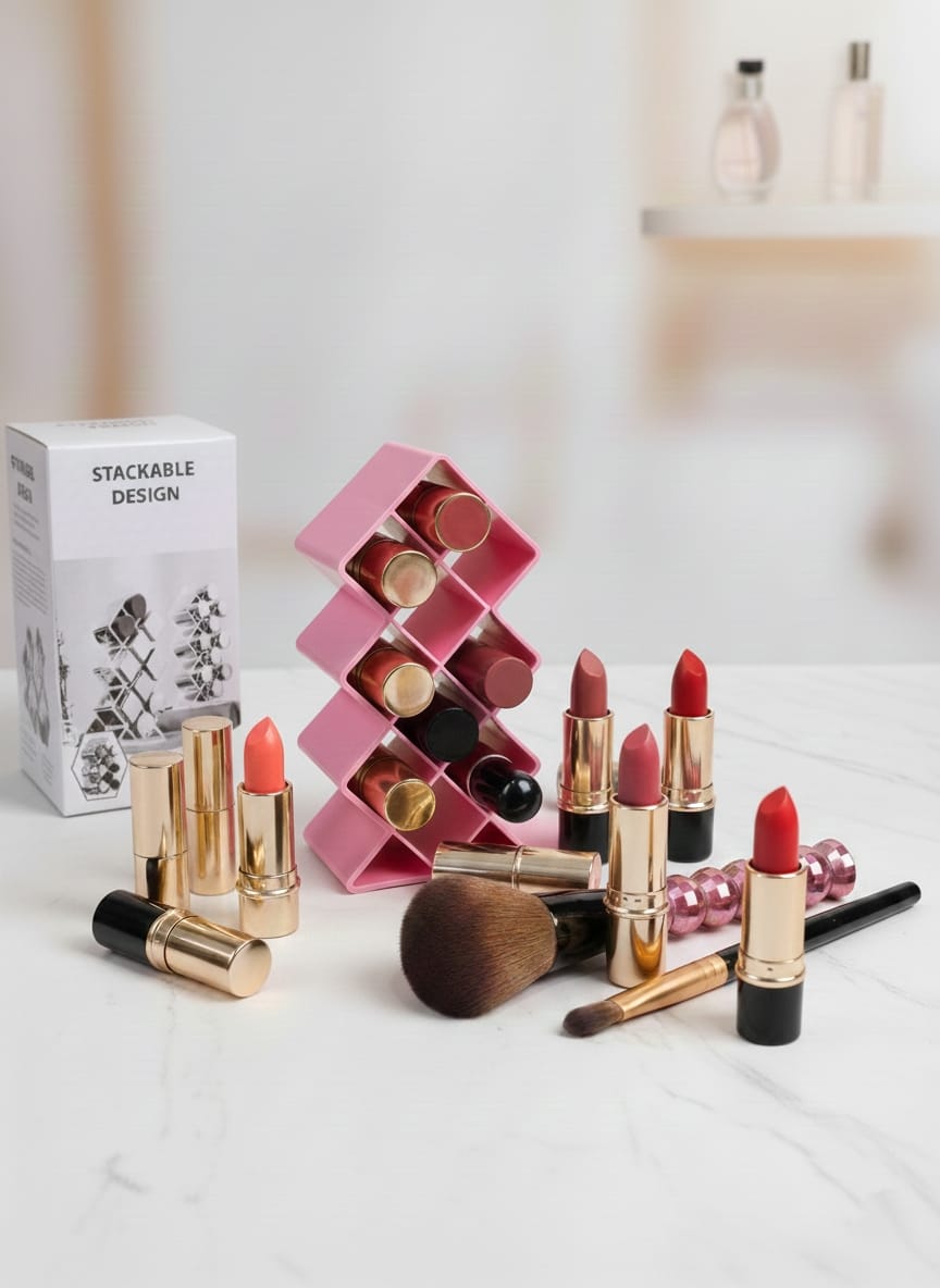 Plastic 10 Grid Lipstick Organizer with Storage Box – Makeup Holder for Lipsticks & Cosmetics - With Box (Random Color) - Image 7