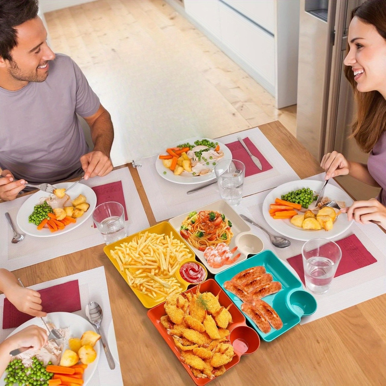 4-Piece Colorful Serving Platter Set – BPA-Free Snack, Sushi, Appetizer & Dessert Plates with Built-in Dipping Bowls for Parties & Everyday Use - Image 2