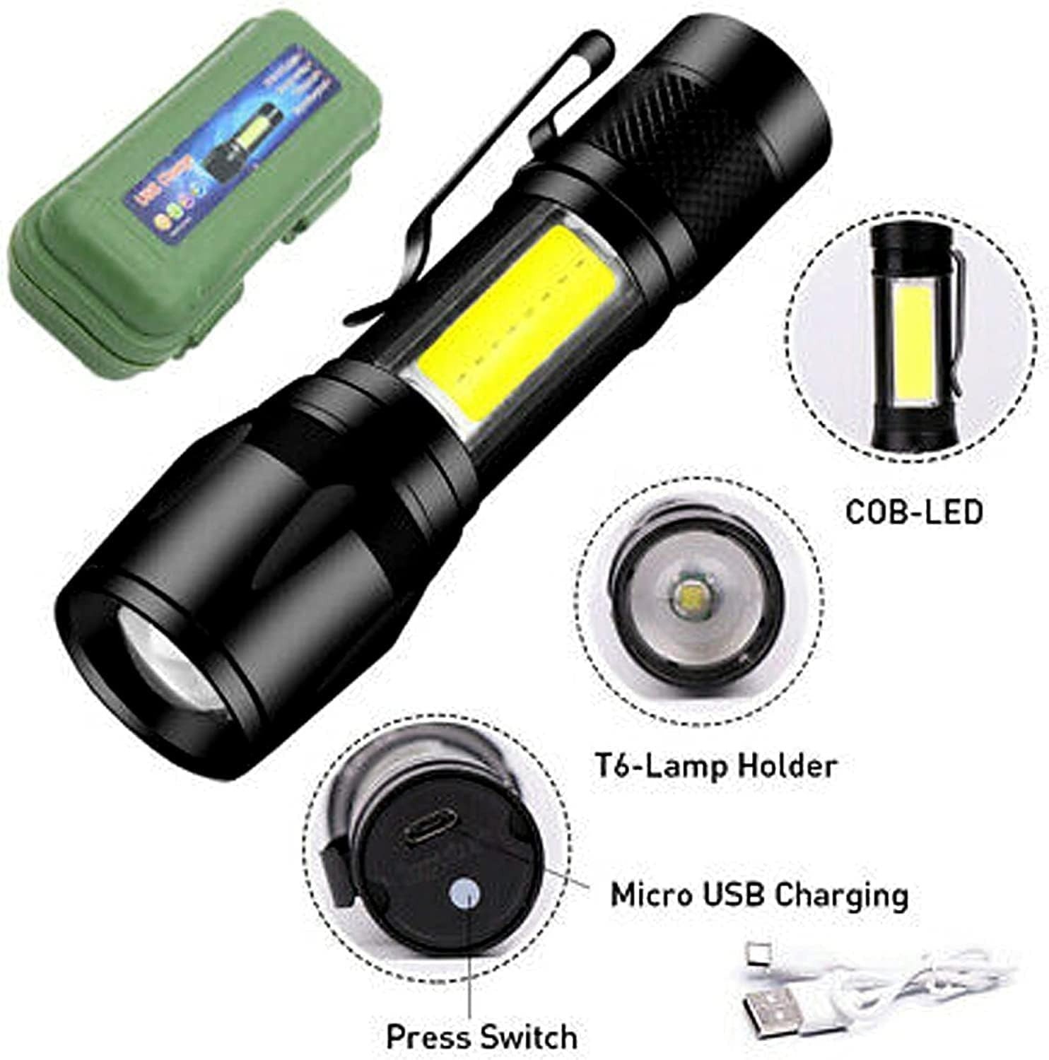 Portable LED Flashlight – Mini Rechargeable Torch With Side Light & Waterproof - Metal Body - Image 6