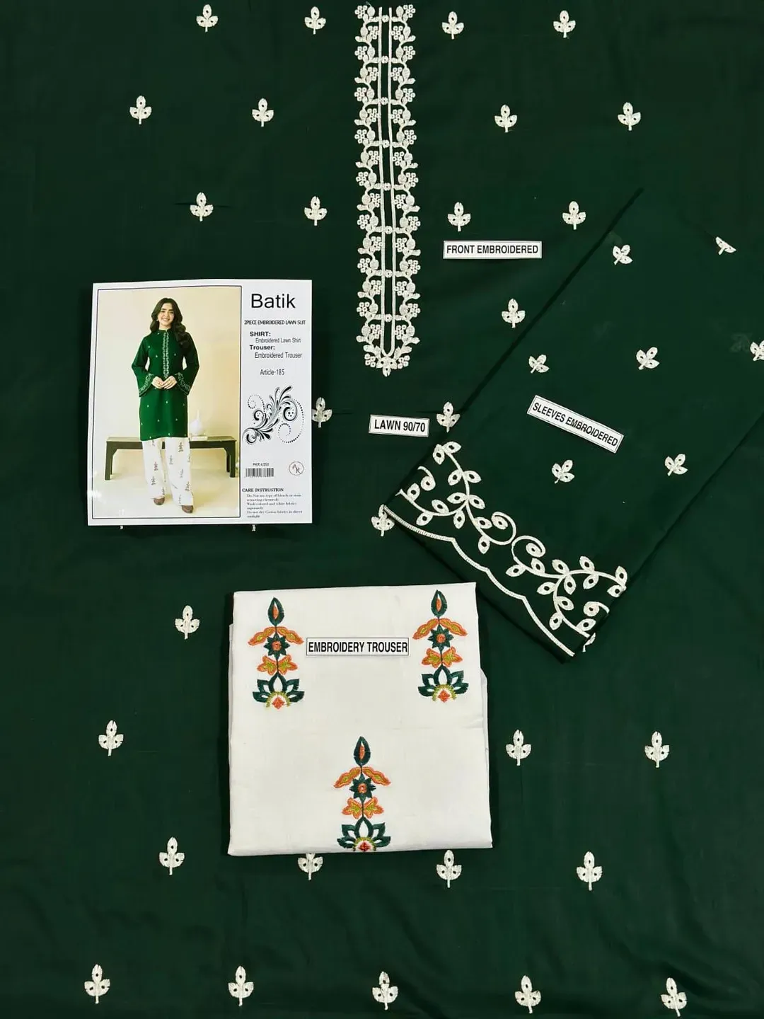 Green Embroidered Lawn Shirt & Cotton Trouser Set - Image 3