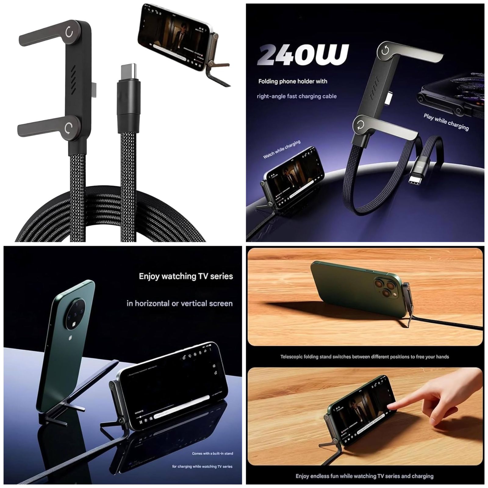 2-In-1 Data Cable With Stand | Nylon Braided USB C To USB C Cable 1.5M | 240W Fast Charging Cord For Smartphones, Tablets & Laptops