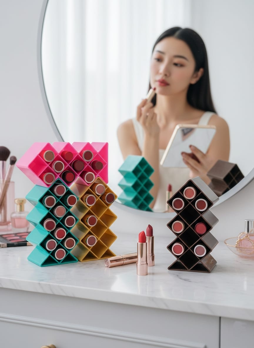 Plastic 10 Grid Lipstick Organizer with Storage Box – Makeup Holder for Lipsticks & Cosmetics - With Box (Random Color) - Image 4
