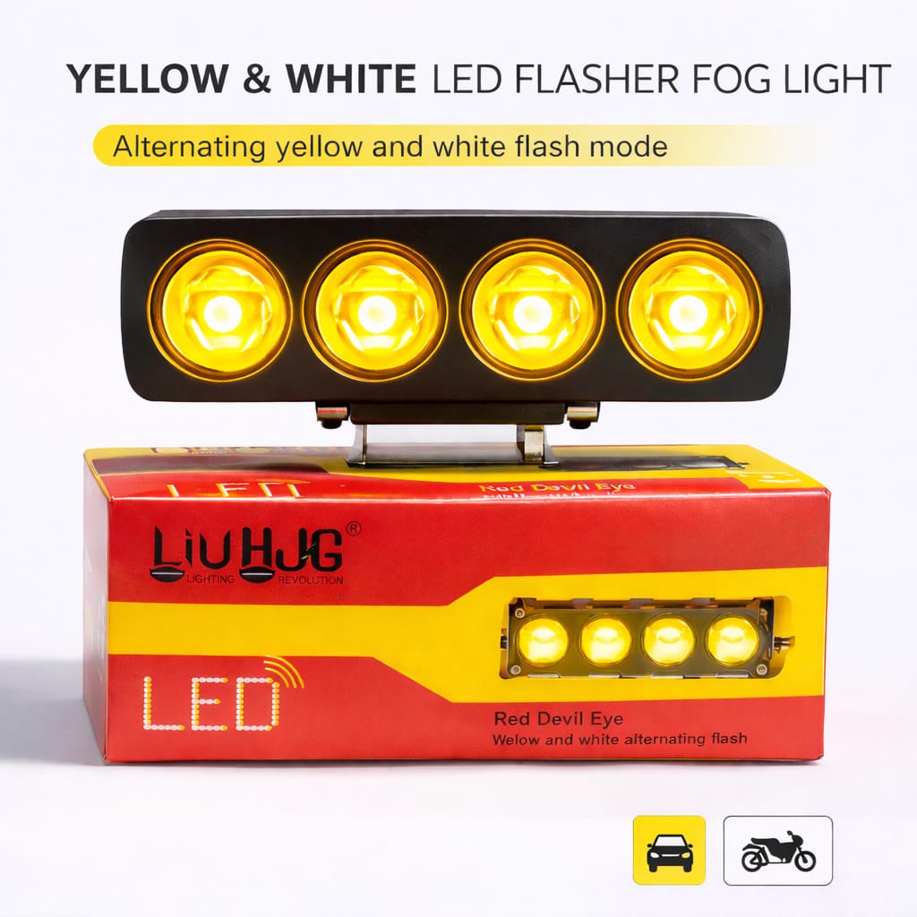4 Lens Flasher Fog Light 40W – Dual Color White & Yellow LED Strobe Light for Bike & Car (DC 9V–80V) | Pack of 1 - Image 3
