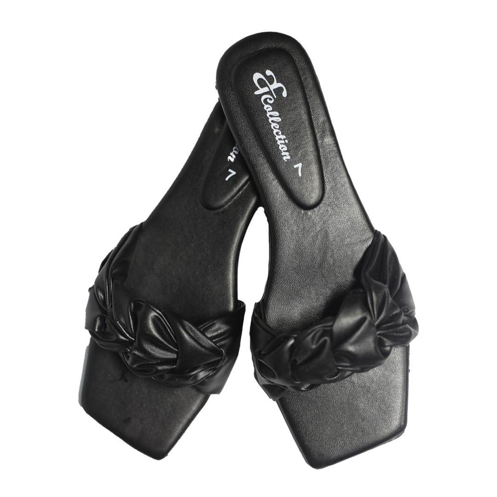 Black Ruffled Bow Slippers with Square Toe