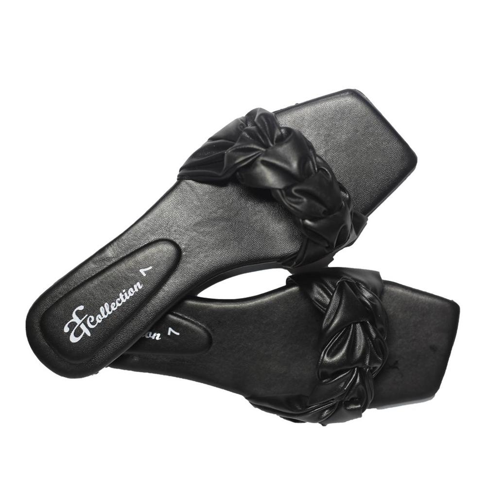 Black Ruffled Bow Slippers with Square Toe - Image 2