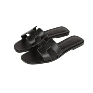 Women's Black H-Strap Rexine Slides
