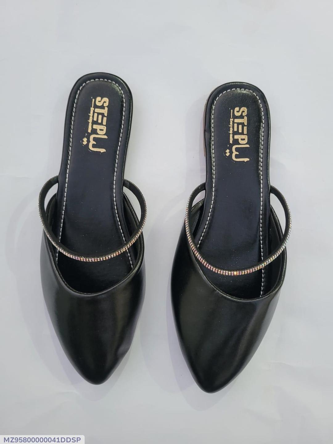 Black Pointed Toe Mules with Rhinestone Strap - Image 5