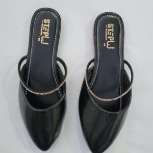 Black Pointed Toe Mules with Rhinestone Strap