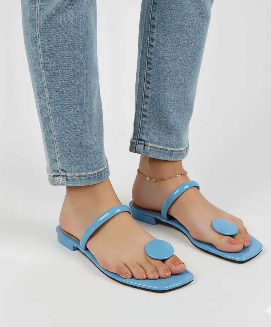 Women's Blue Rexine Flat Sandals Size 6-11 - Image 2
