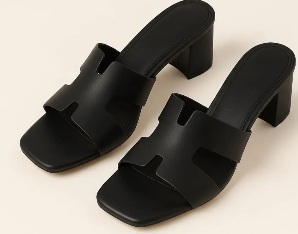 Black Rexine Block Heel Sandals for Women - Image 2