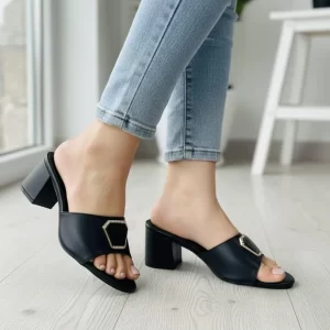 Black Block Heels with Hexagonal Buckle for Women