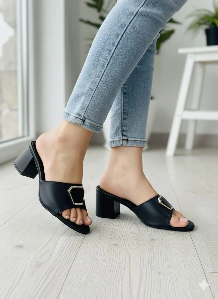 Black Block Heels with Hexagonal Buckle for Women