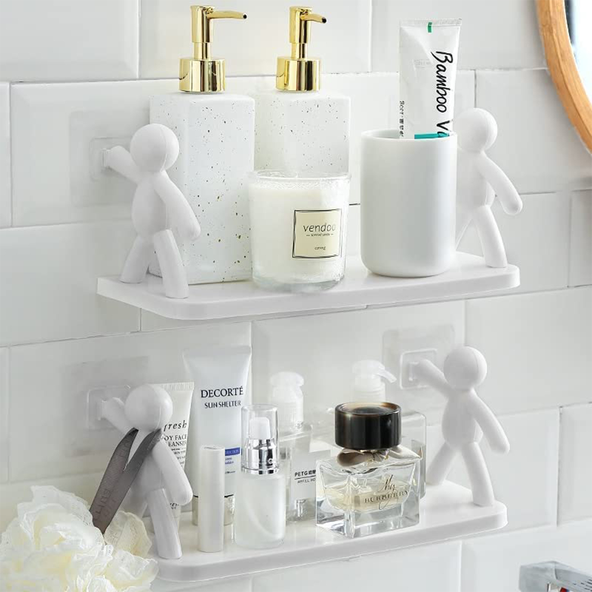 Multifunctional Self Adhesive Creative Character Shelves Bathroom Wall Mounted Shelf | Storage Rack for Bathroom, Kitchen & Room - 1 Pc (White)