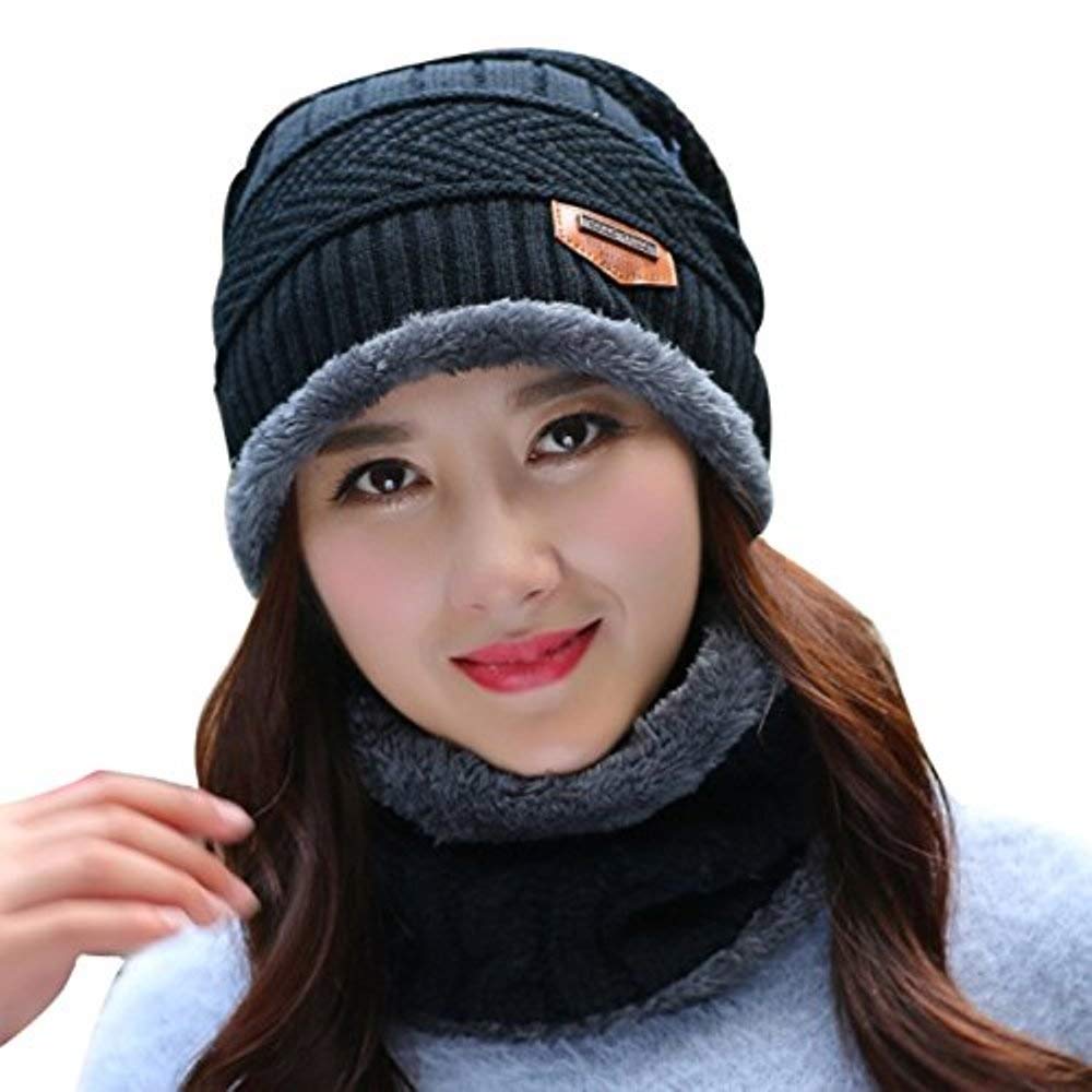 Winter Cap and neck Elastic Knitting Thick Fleece Warm Woolen Beanie Cap Sport Hat & Neck Scarf Set 2 Piece (Random Colors) - Image 2