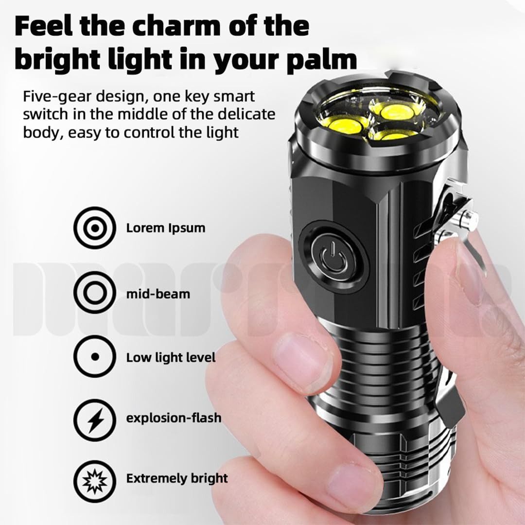 Powerful 3 LED Super Bright Mini Flashlight Rechargeable Portable Torch with Magnet - Image 5