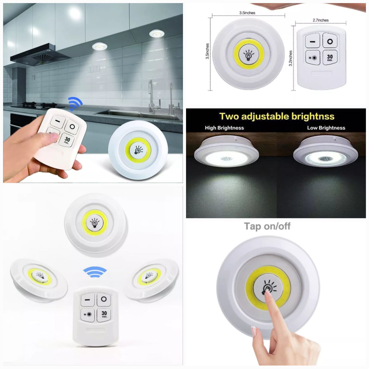 Pack Of 3 LED Remote Control Lights | Tap Light For Cabinet Wardrobe Room Kitchen & Office Use | Self-adhesive Lights With Remote (Cell Operated) - Image 3
