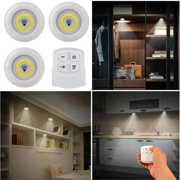 Pack Of 3 LED Remote Control Lights | Tap Light For Cabinet Wardrobe Room Kitchen & Office Use | Self-adhesive Lights With Remote (Cell Operated) - Image 5