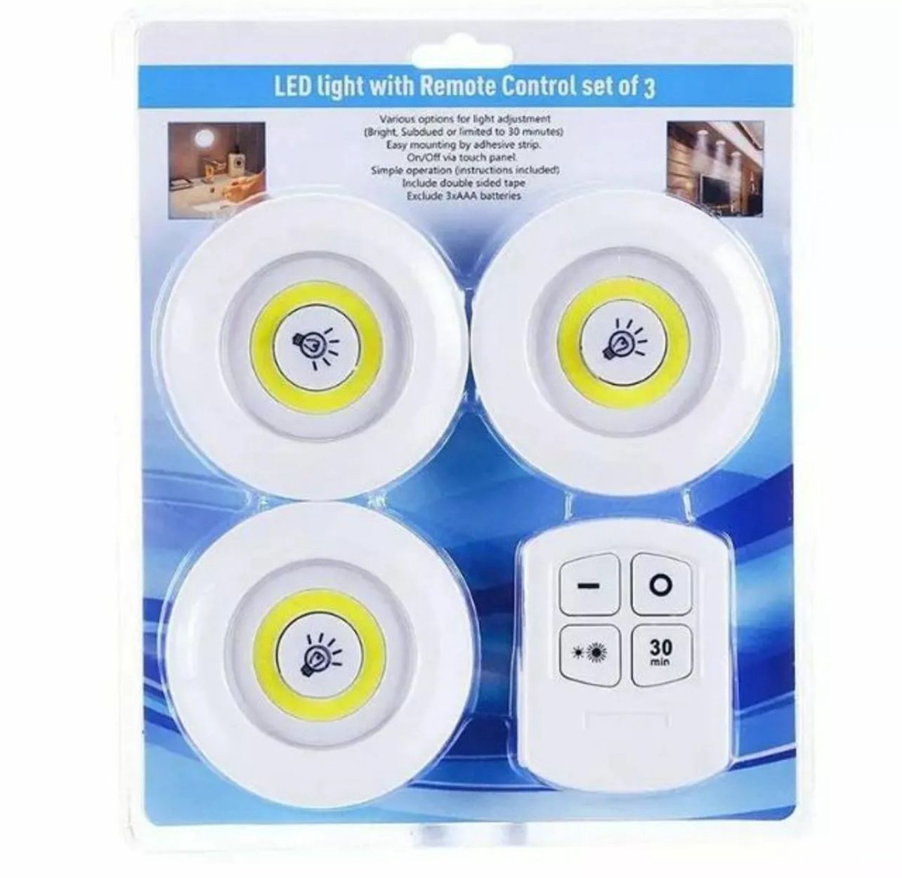 Pack Of 3 LED Remote Control Lights | Tap Light For Cabinet Wardrobe Room Kitchen & Office Use | Self-adhesive Lights With Remote (Cell Operated) - Image 4