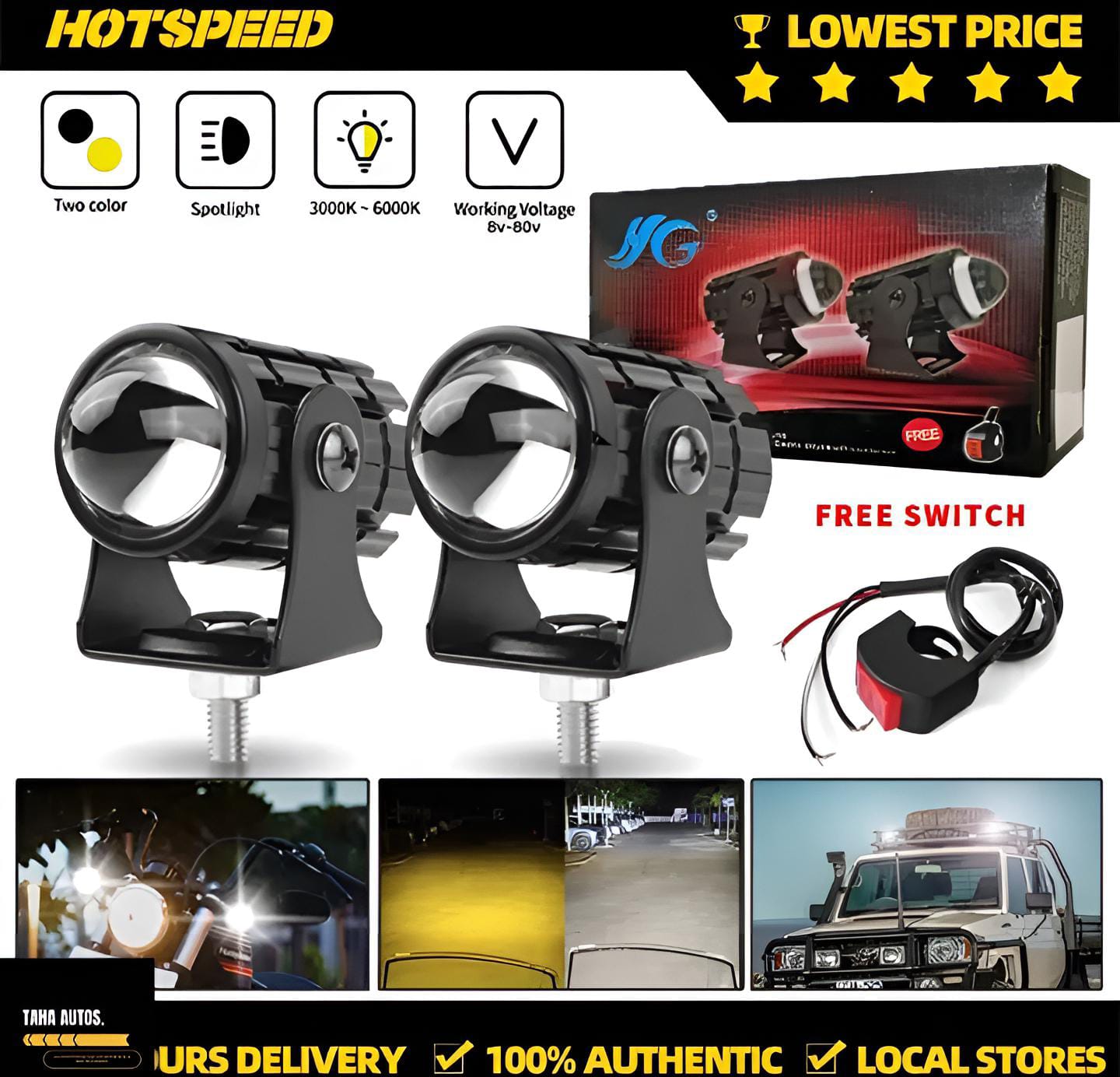 (2pcs) New Mini Driving Fog Light for All Motorcycle, Cars, Jeep(2pcs) Dual Function White-Yellow Lens Projectors Auxiliary Light 20w free button - Image 6