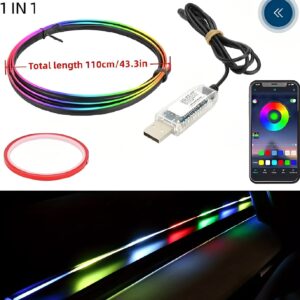 App control Symphony Atmosphere Light Car Interior Lights Decorative Ambient Lights USB Fiber Optic Lights Smart App Control Lights Multi-color (1pc) (110cm/43inch 35cm/13 inch)