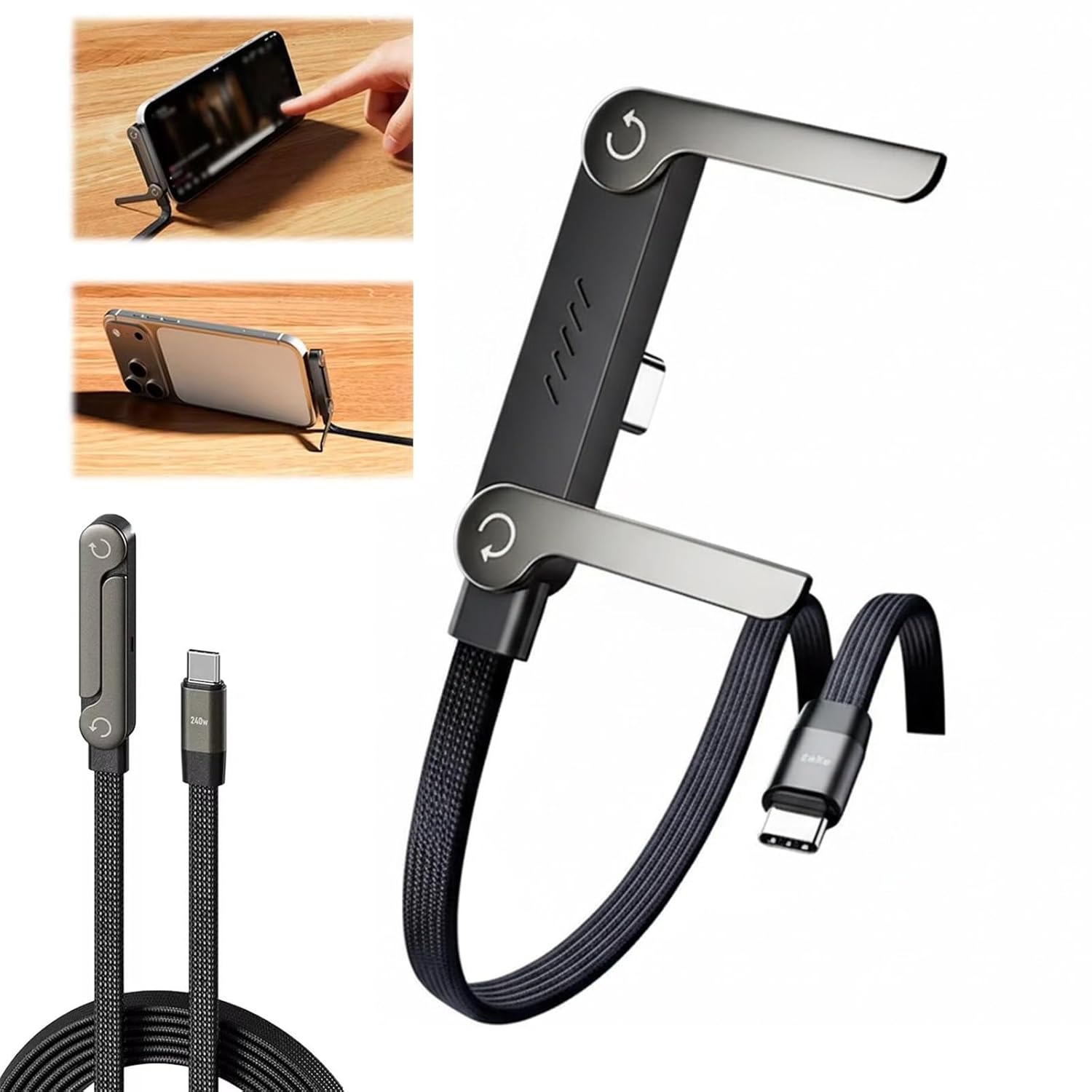 240W 2-in-1 USB-C to C Fast Charging Cable With Foldable Bracket | Type-C to Type-C Data Cable & Desktop Holder - Image 4