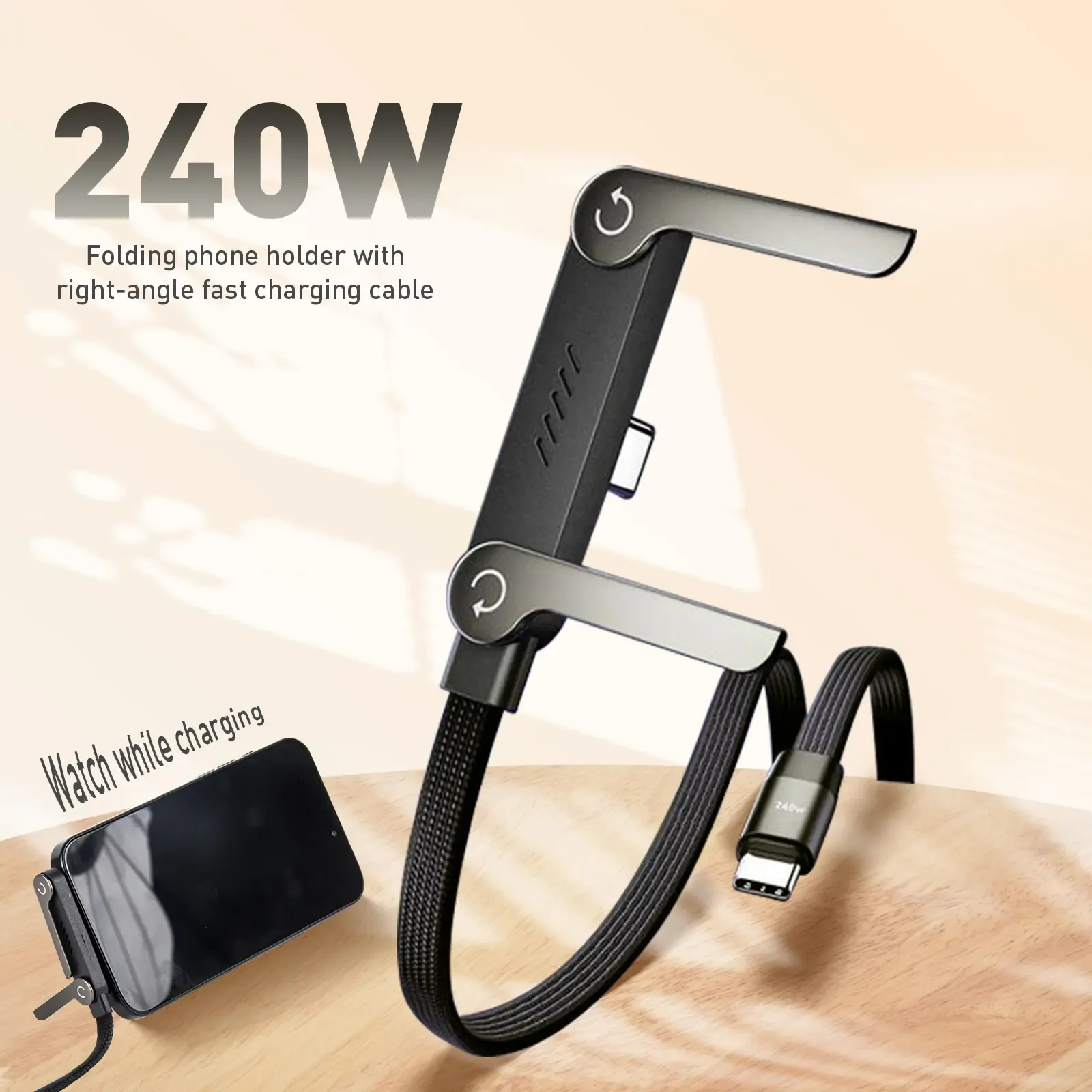 240W 2-in-1 USB-C to C Fast Charging Cable With Foldable Bracket | Type-C to Type-C Data Cable & Desktop Holder - Image 6
