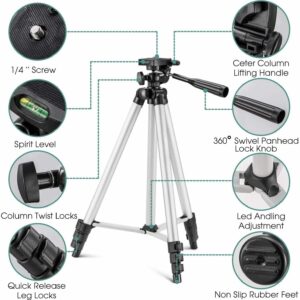 Adjustable Tripod Stand for Mobile Phones and Cameras with Mobile Holder, Portable DSLR Stand for Vlogging, Universal Silver Model 3110 and Bag