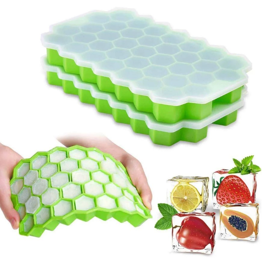 Silicon Ice Cube Tray With Lid | 36-Cube Honeycomb Shape Ice Mold | Durable Freezer Tray With Cover | Random Color