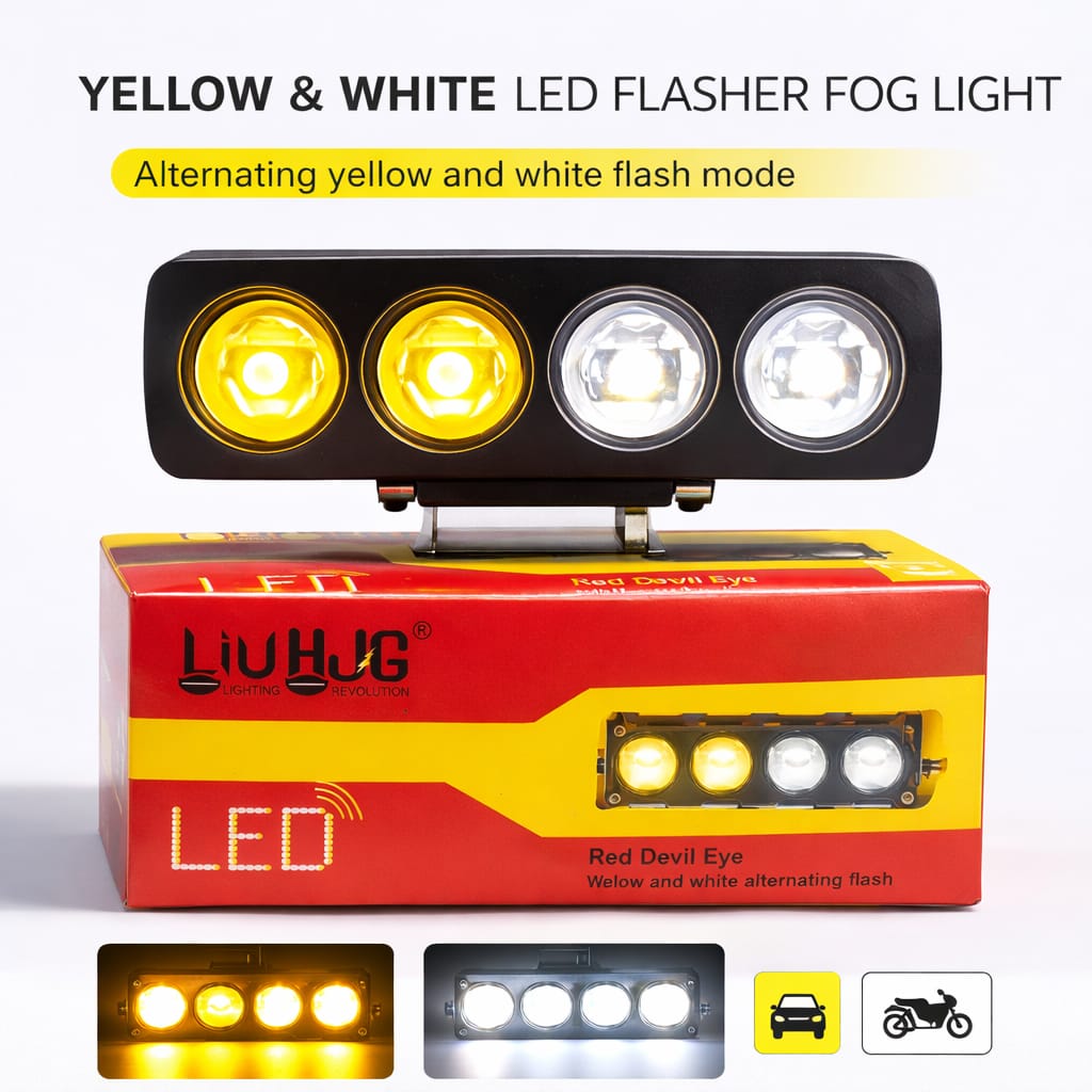 4 Lens Flasher Fog Light 40W – Dual Color White & Yellow LED Strobe Light for Bike & Car (DC 9V–80V) | Pack of 1