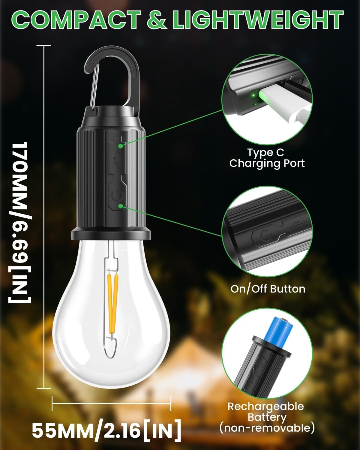 T01 Type-C Rechargeable LED Camping Bulb – Portable Hanging Warm Light Tent Lamp - Image 5