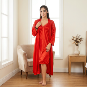 Red Silk 2-Piece Nightwear Set for Women