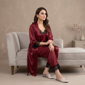 Maroon Silk Lace Nightgown Set 3 Pcs Free Size