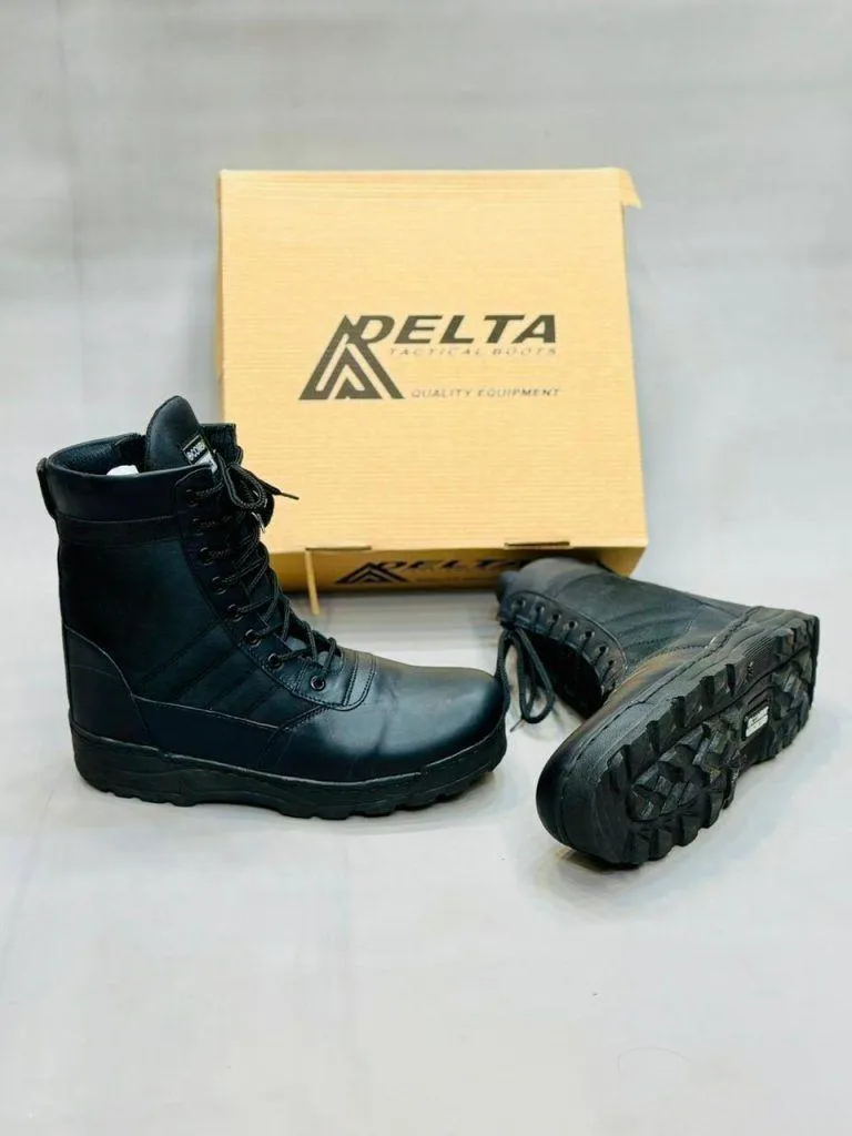 Men's Military Style Knee High Boots Synthetic Leather - Black - Image 3