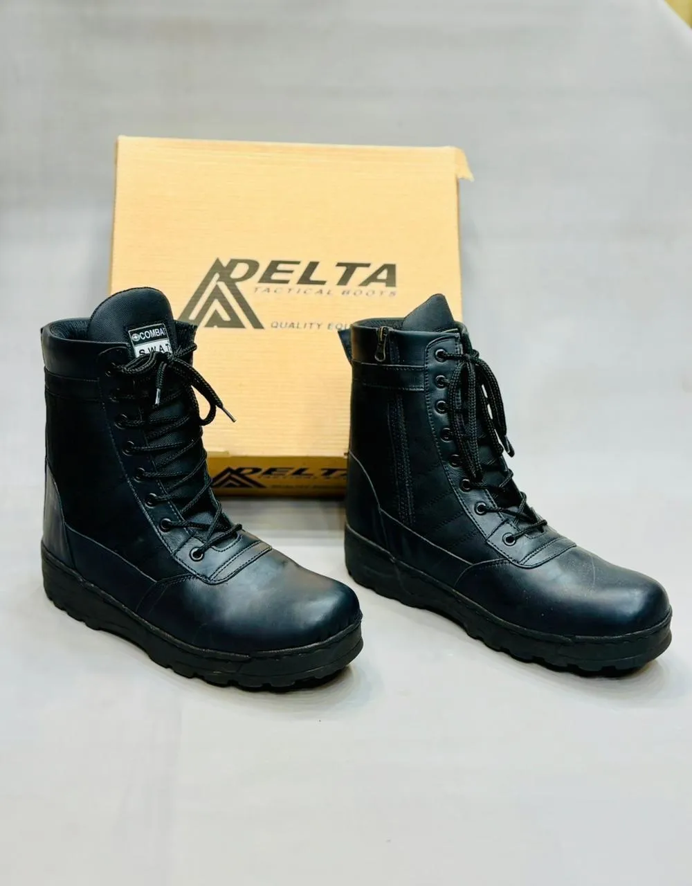 Men's Military Style Knee High Boots Synthetic Leather - Black - Image 5