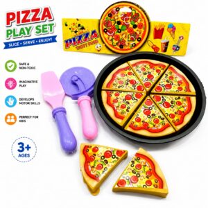 Kids Pretend Play Pizza Toy Set with Cut-Out Pieces and Serving Utensils