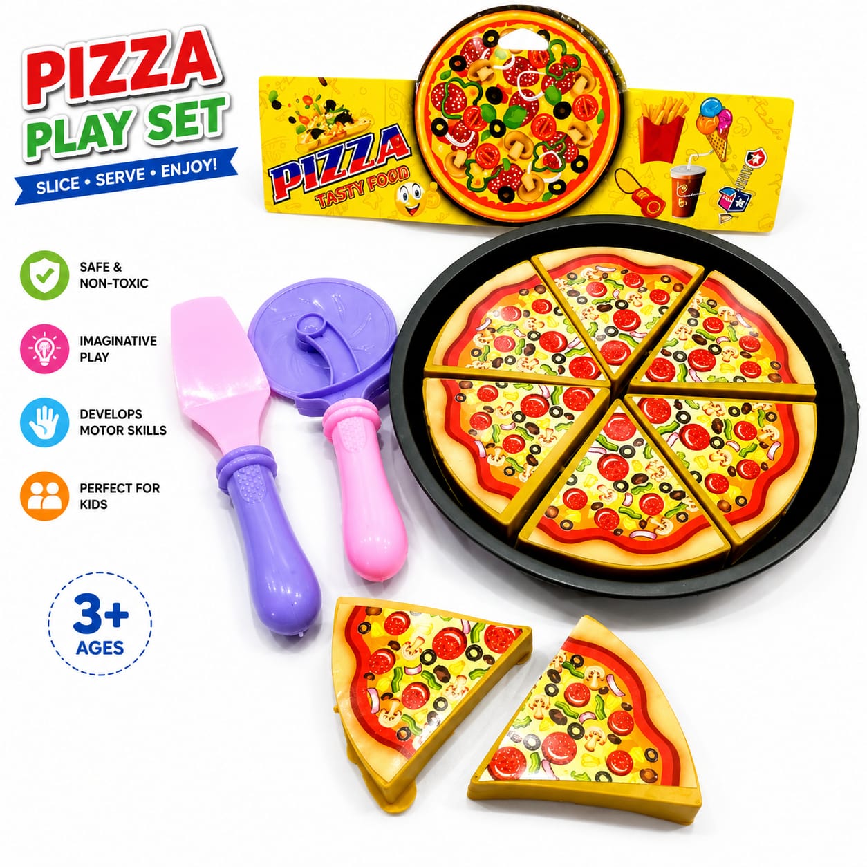 Kids Pretend Play Pizza Toy Set with Cut-Out Pieces and Serving Utensils