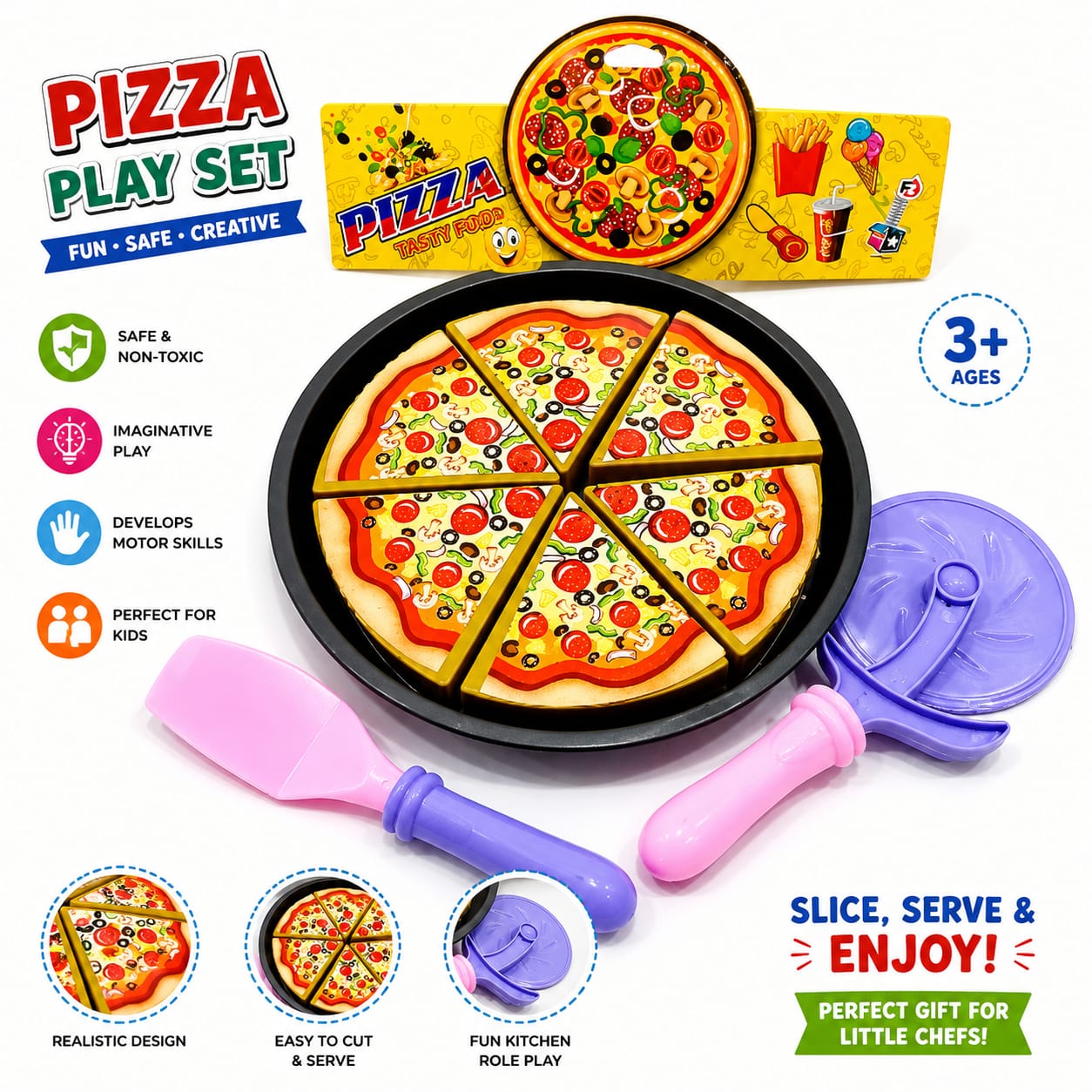 Kids Pretend Play Pizza Toy Set with Cut-Out Pieces and Serving Utensils - Image 3